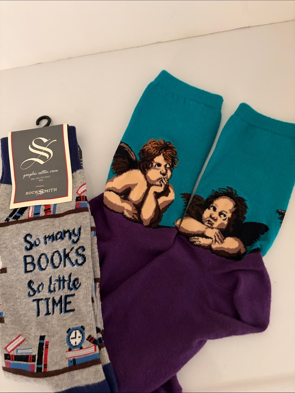 2 Pair Novelty Cherub Crew Socks in Teal & Purple - Socksmith